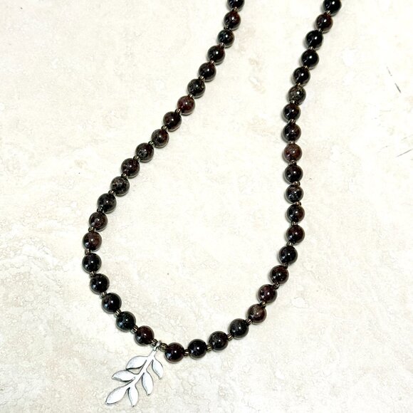 Deep Wine Red Garnet Short Necklace, Genuine Gemstone & Silver Leaf Branch Charm - Picture 7 of 15